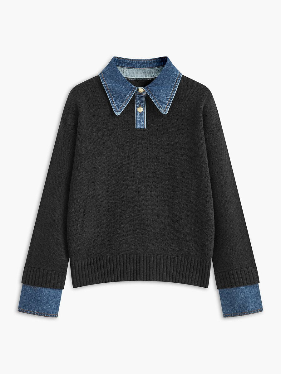 Damen 2-in-1 Strick-Sweater mit Denim-Kragen und Metallknöpfen - Black
