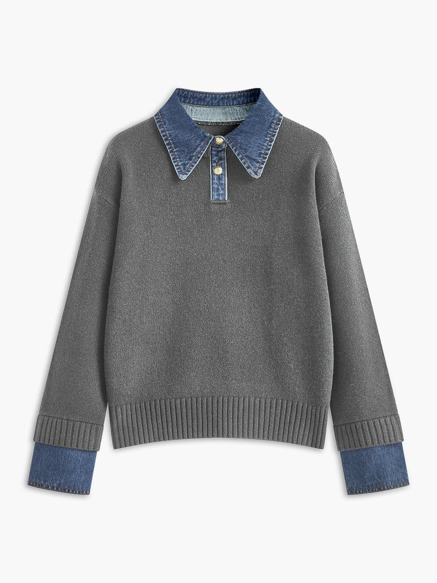Damen 2-in-1 Strick-Sweater mit Denim-Kragen und Metallknöpfen - Light Grey