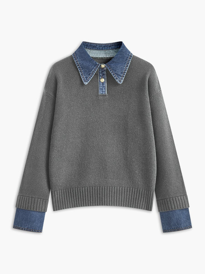 Damen 2-in-1 Strick-Sweater mit Denim-Kragen und Metallknöpfen - Light Grey