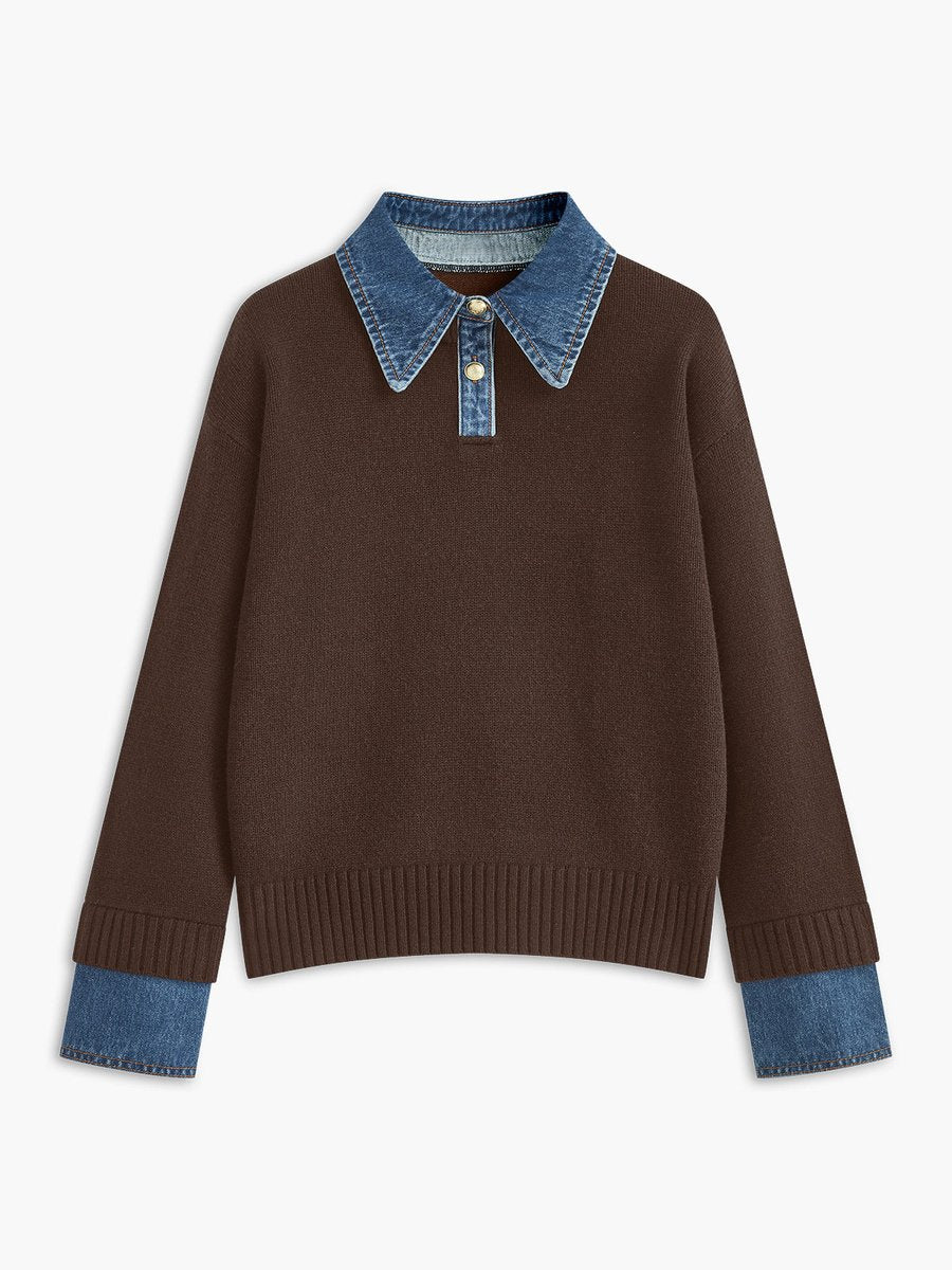 Damen 2-in-1 Strick-Sweater mit Denim-Kragen und Metallknöpfen - Brown