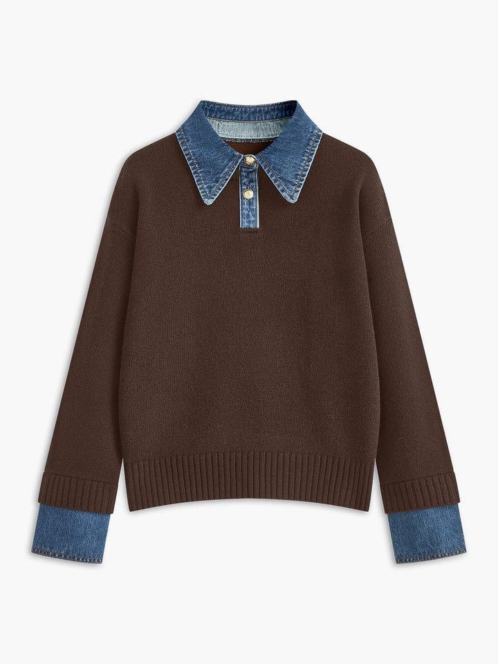 Damen 2-in-1 Strick-Sweater mit Denim-Kragen und Metallknöpfen - Brown