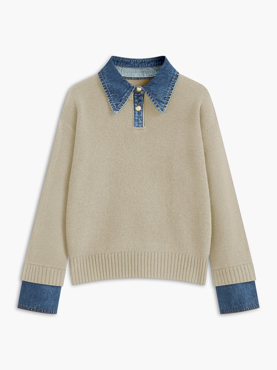 Damen 2-in-1 Strick-Sweater mit Denim-Kragen und Metallknöpfen - Apricot