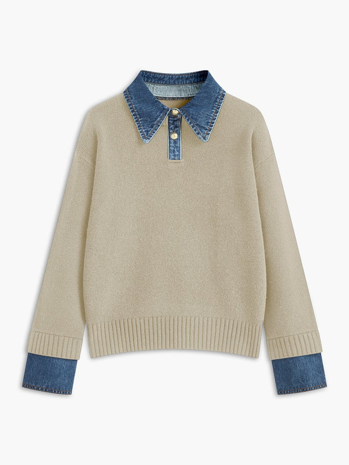 Damen 2-in-1 Strick-Sweater mit Denim-Kragen und Metallknöpfen - Apricot