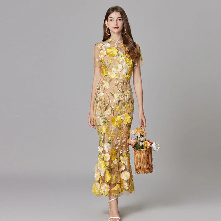 Damen 3D-Blumen Mesh Ärmelloses Maxi-Kleid - Yellow