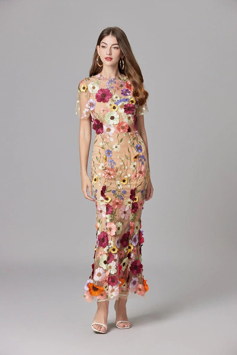 Damen 3D-Blumen Mesh Ärmelloses Maxi-Kleid