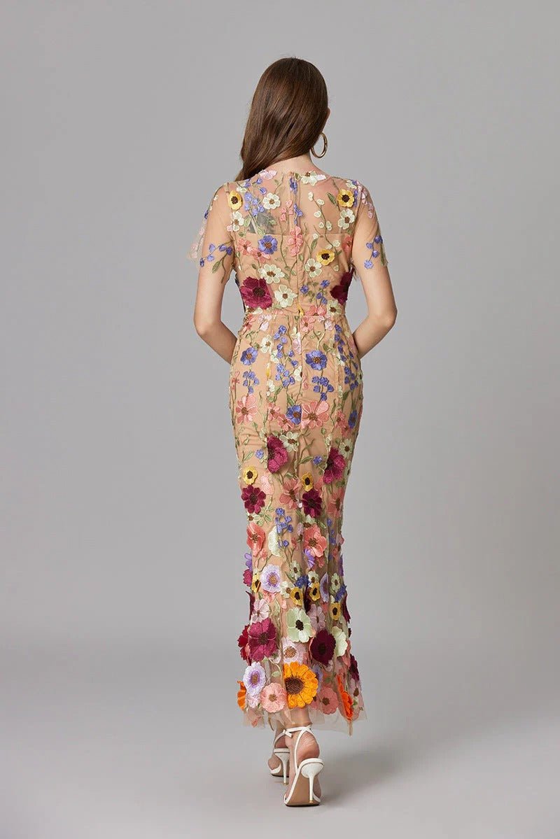 Damen 3D-Blumen Mesh Ärmelloses Maxi-Kleid