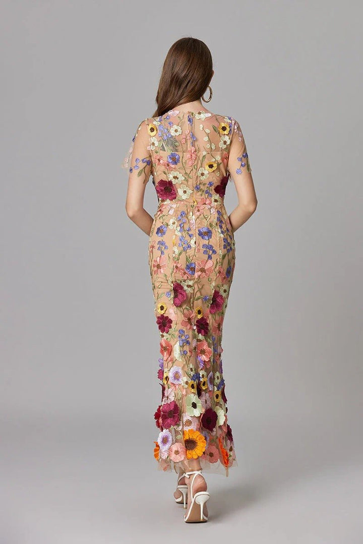 Damen 3D-Blumen Mesh Ärmelloses Maxi-Kleid