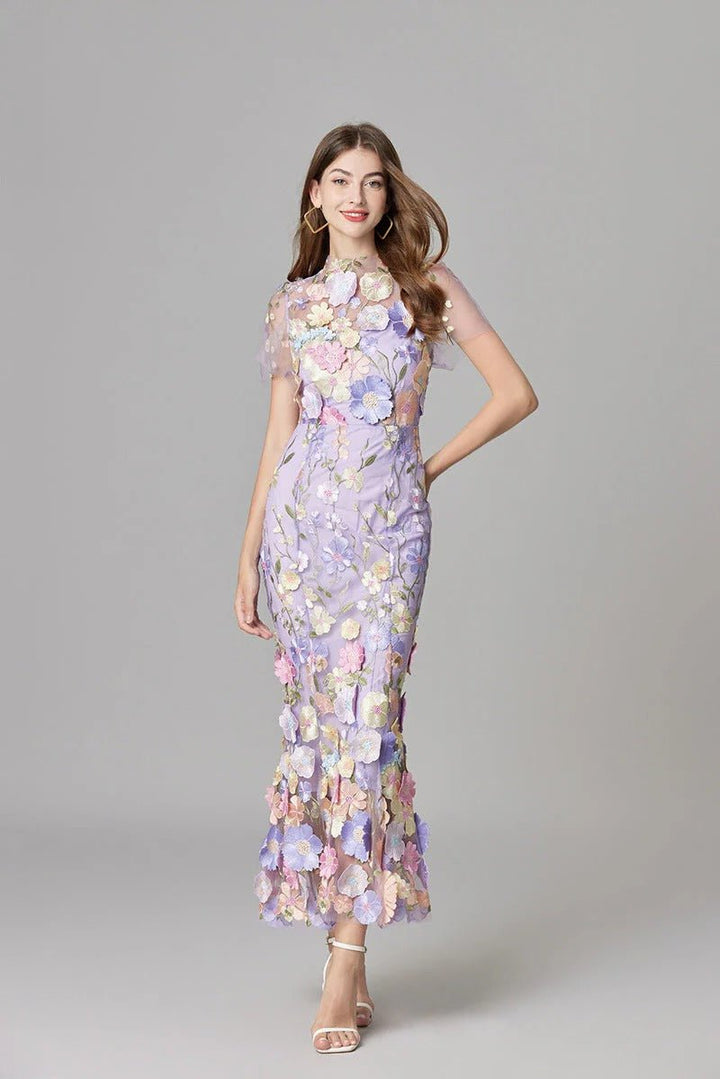 Damen 3D-Blumen Mesh Ärmelloses Maxi-Kleid