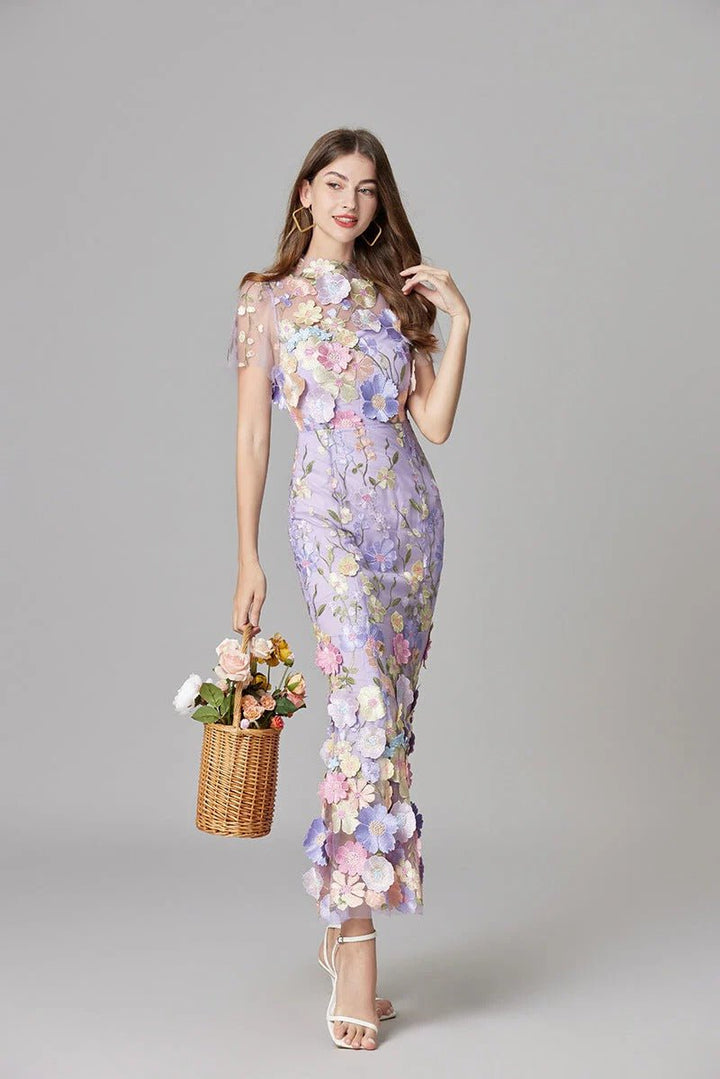 Damen 3D-Blumen Mesh Ärmelloses Maxi-Kleid