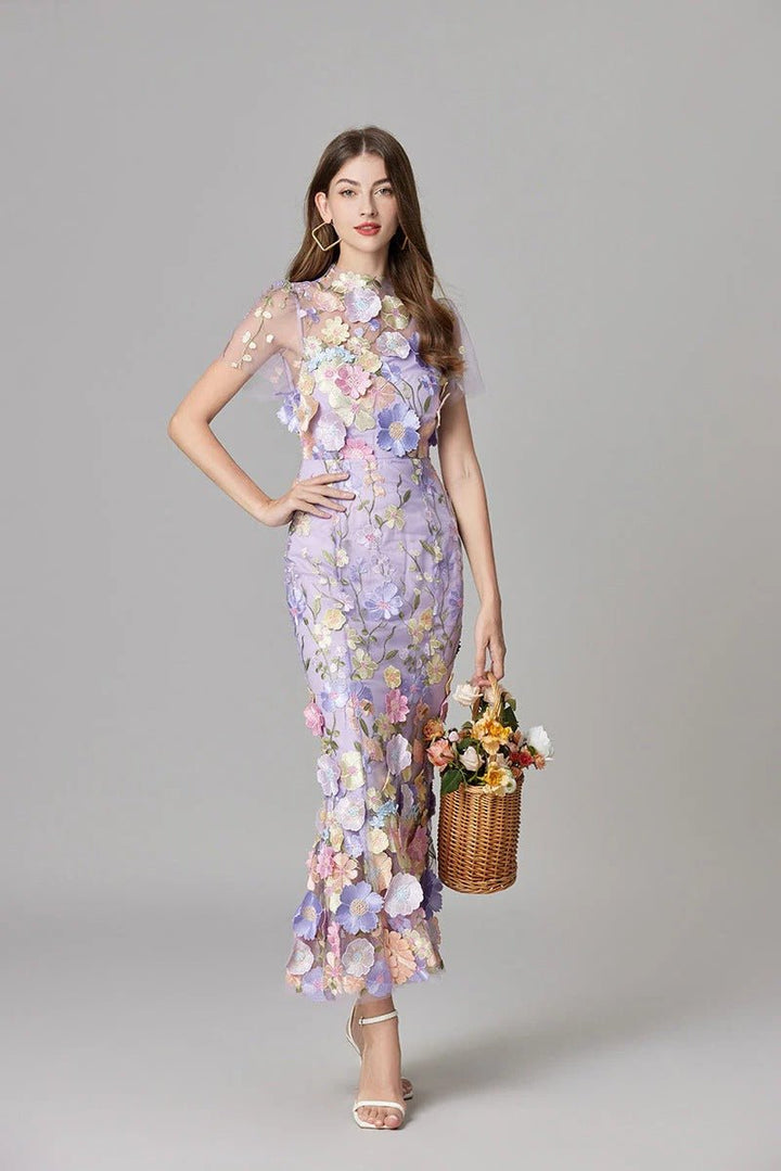 Damen 3D-Blumen Mesh Ärmelloses Maxi-Kleid