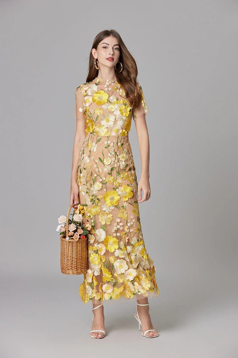 Damen 3D-Blumen Mesh Ärmelloses Maxi-Kleid