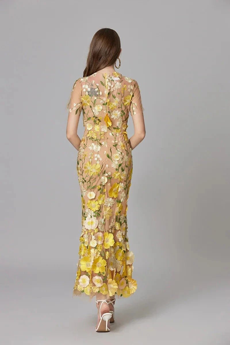Damen 3D-Blumen Mesh Ärmelloses Maxi-Kleid