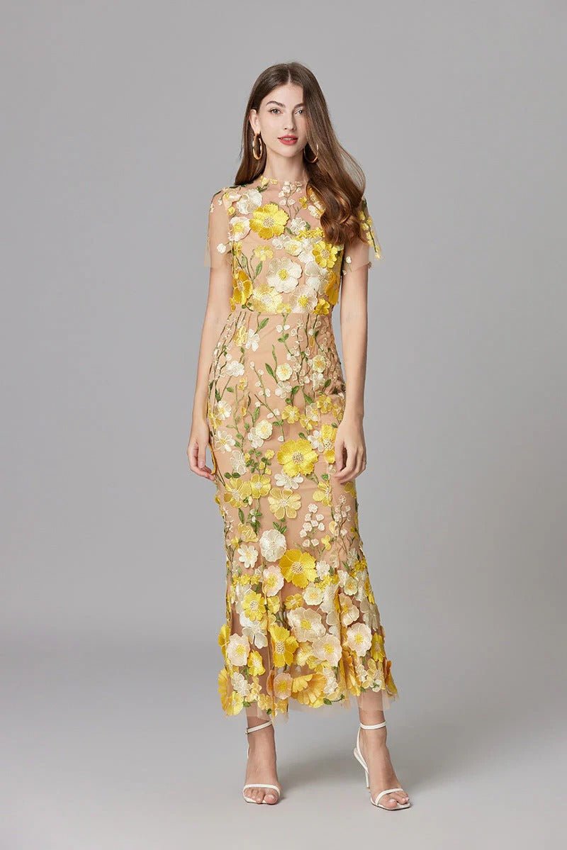 Damen 3D-Blumen Mesh Ärmelloses Maxi-Kleid