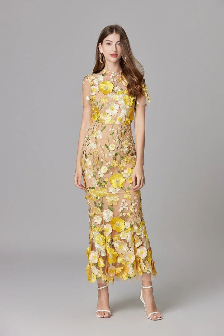 Damen 3D-Blumen Mesh Ärmelloses Maxi-Kleid