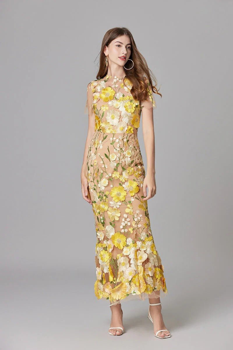 Damen 3D-Blumen Mesh Ärmelloses Maxi-Kleid