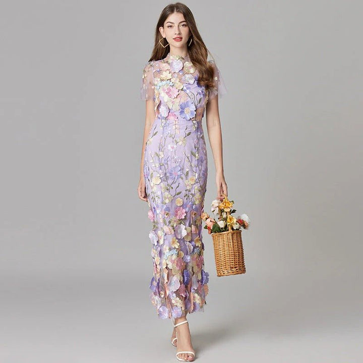Damen 3D-Blumen Mesh Ärmelloses Maxi-Kleid - Purple