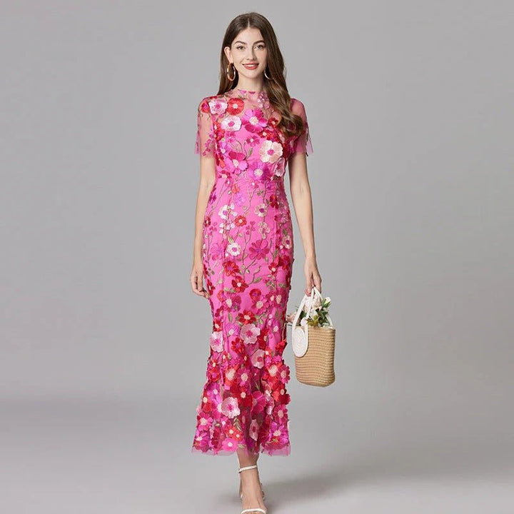 Damen 3D-Blumen Mesh Ärmelloses Maxi-Kleid - Dark Pink