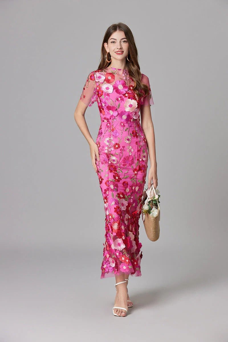 Damen 3D-Blumen Mesh Ärmelloses Maxi-Kleid