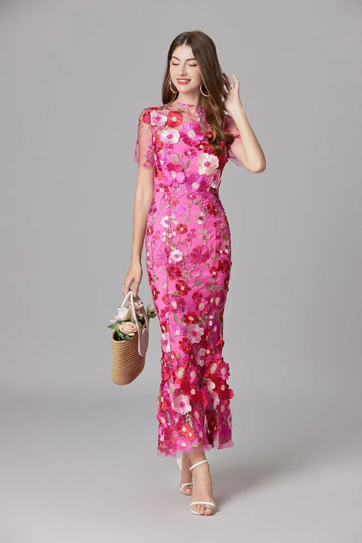 Damen 3D-Blumen Mesh Ärmelloses Maxi-Kleid