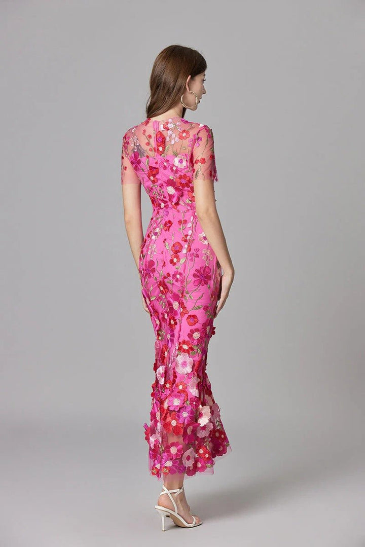 Damen 3D-Blumen Mesh Ärmelloses Maxi-Kleid