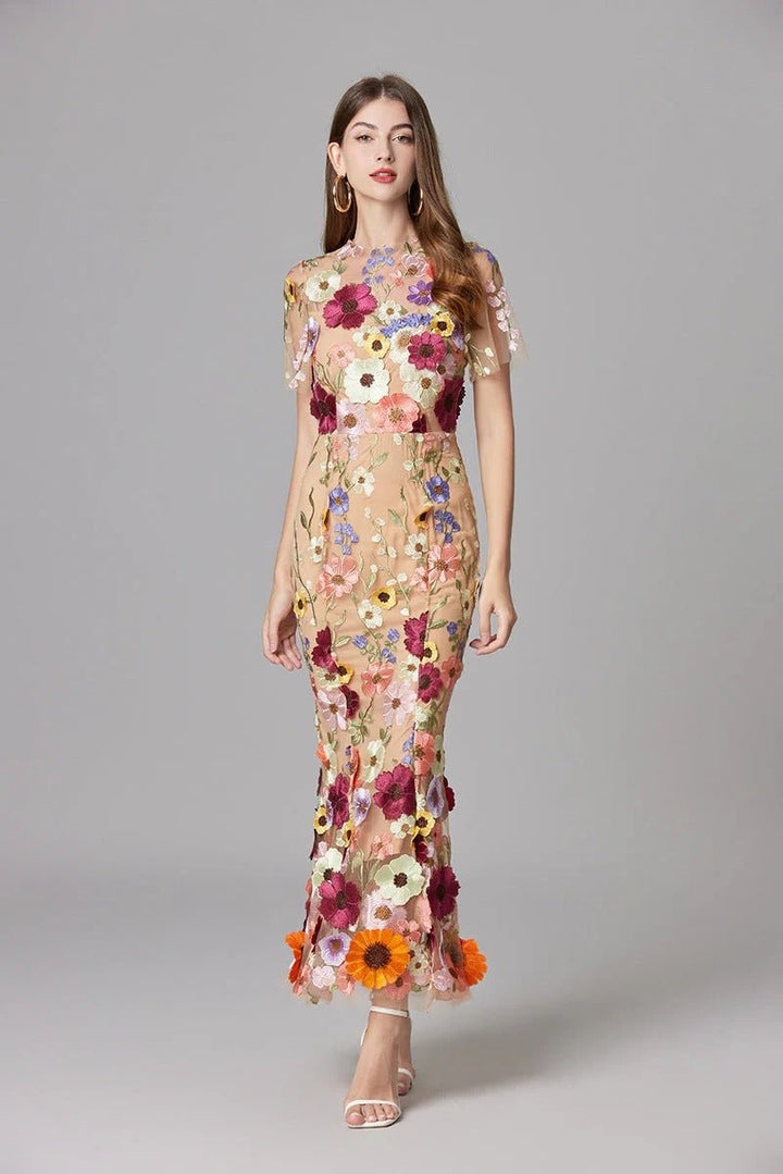 Damen 3D-Blumen Mesh Ärmelloses Maxi-Kleid