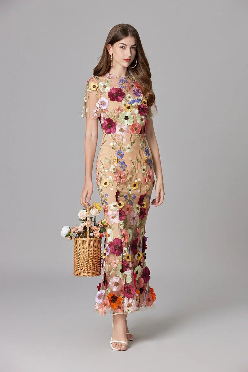 Damen 3D-Blumen Mesh Ärmelloses Maxi-Kleid