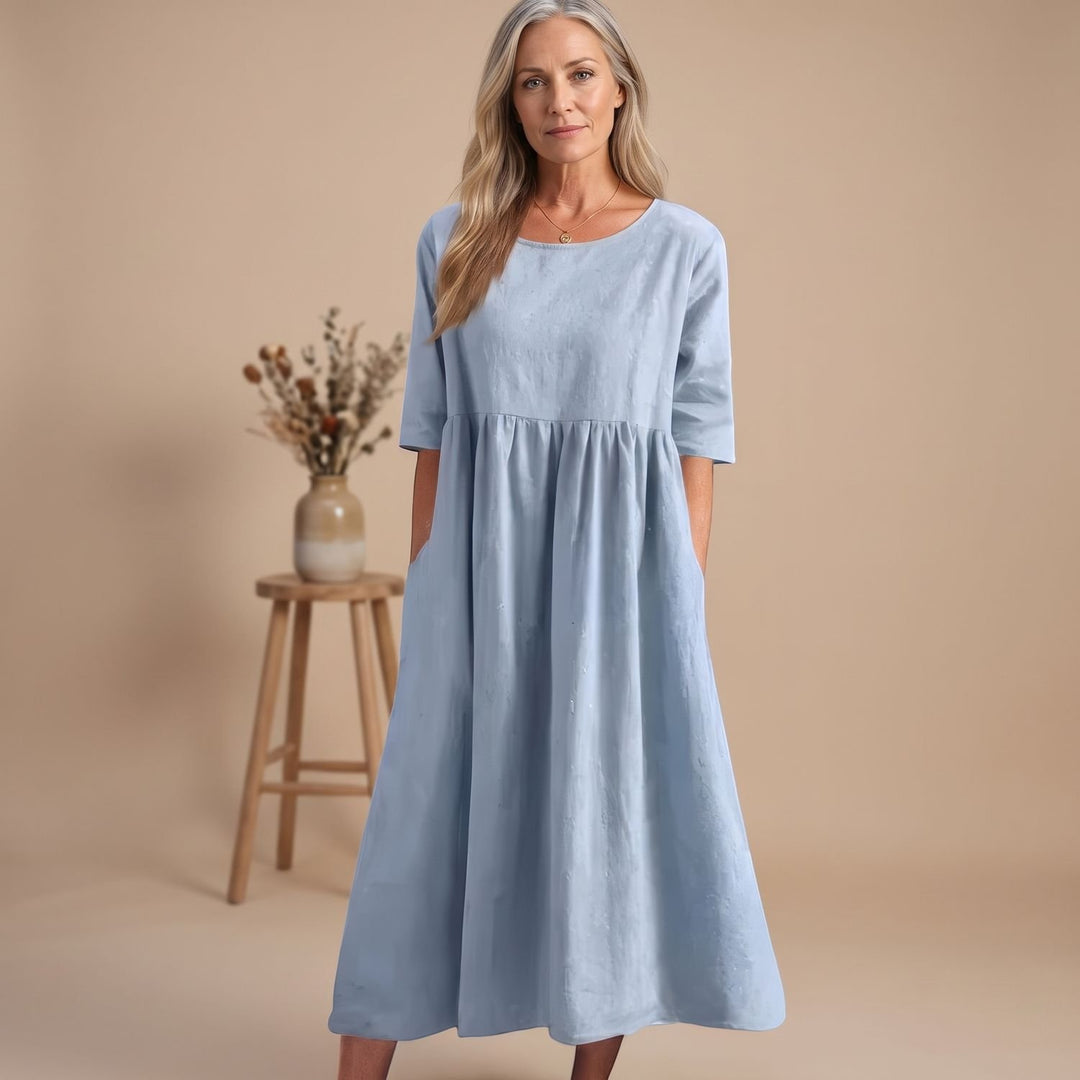 Damen A-Linien Midi-Kleid mit 3/4-Arm und Taschen - Himmelblau