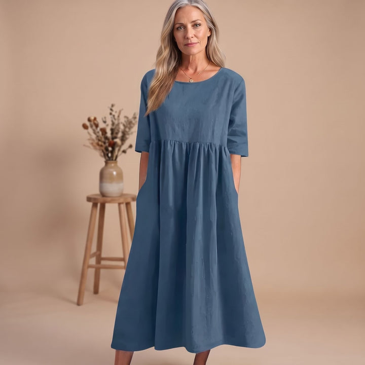 Damen A-Linien Midi-Kleid mit 3/4-Arm und Taschen - Blau