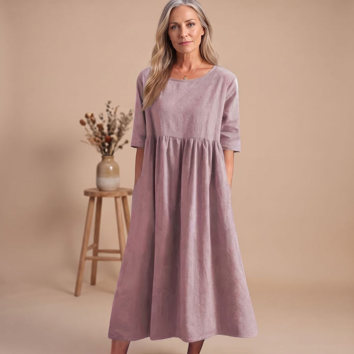 Damen A-Linien Midi-Kleid mit 3/4-Arm und Taschen - Rosa