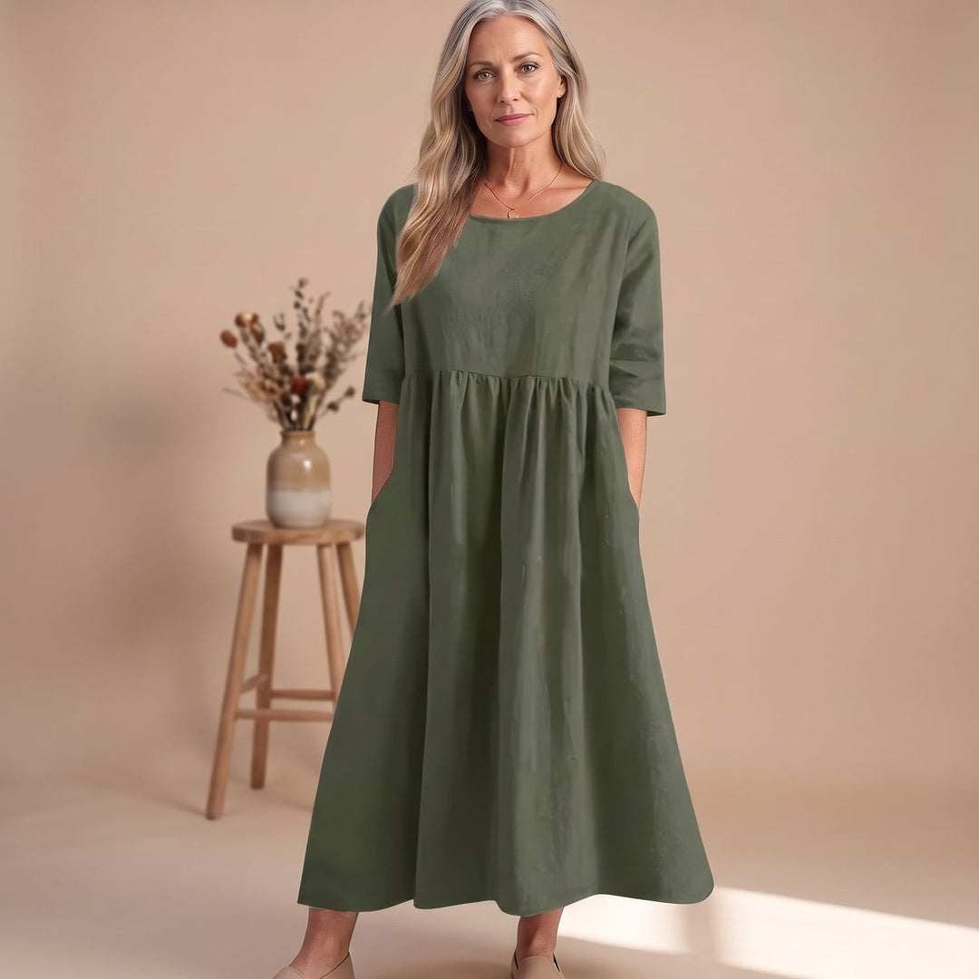 Damen A-Linien Midi-Kleid mit 3/4-Arm und Taschen - Grün