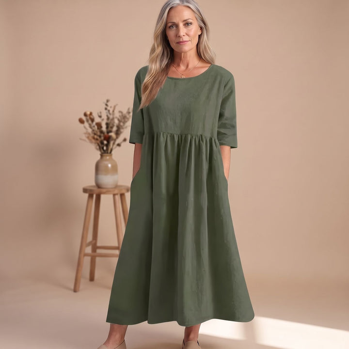 Damen A-Linien Midi-Kleid mit 3/4-Arm und Taschen - Grün
