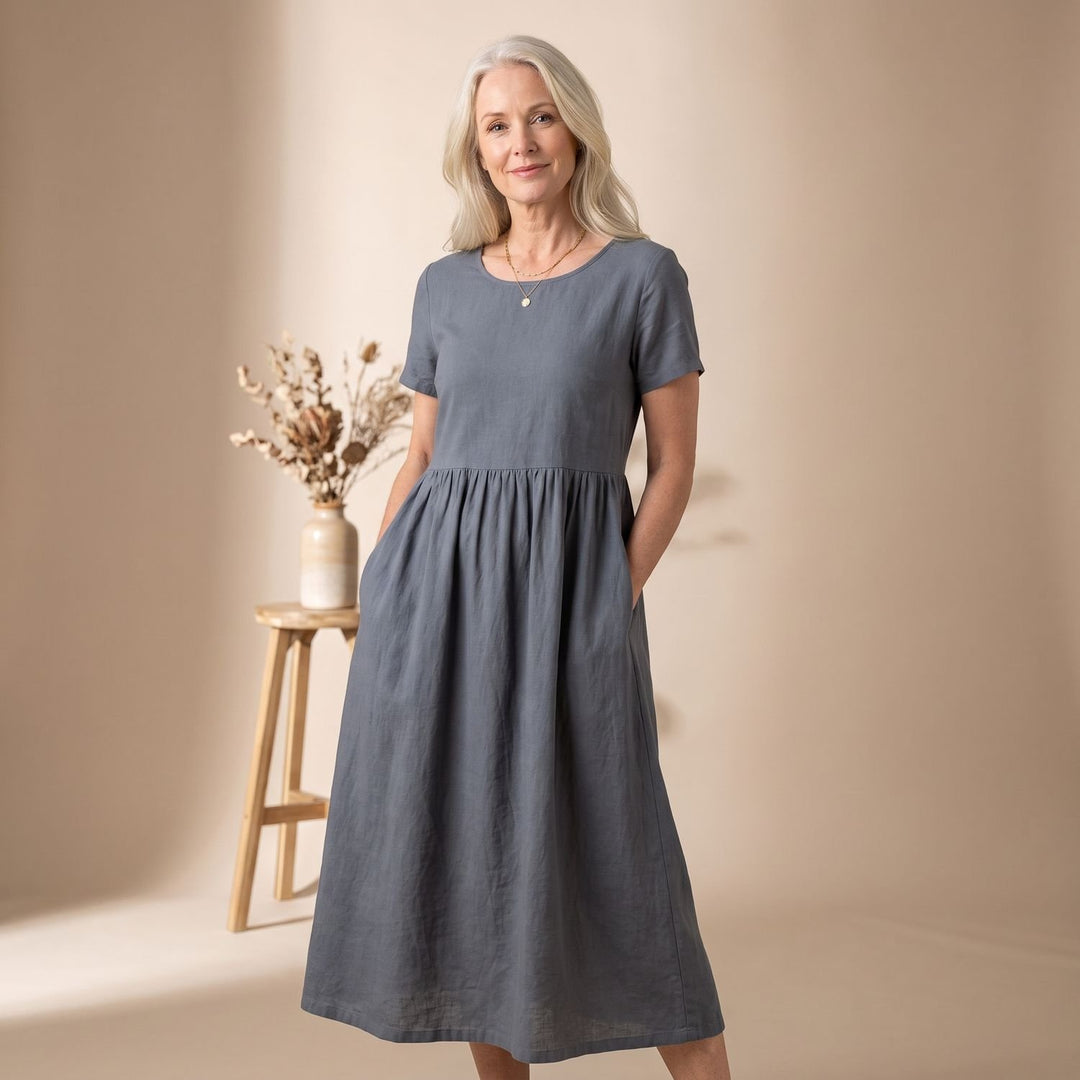 Damen A-Linien Midi-Kleid mit 3/4-Arm und Taschen - Grau