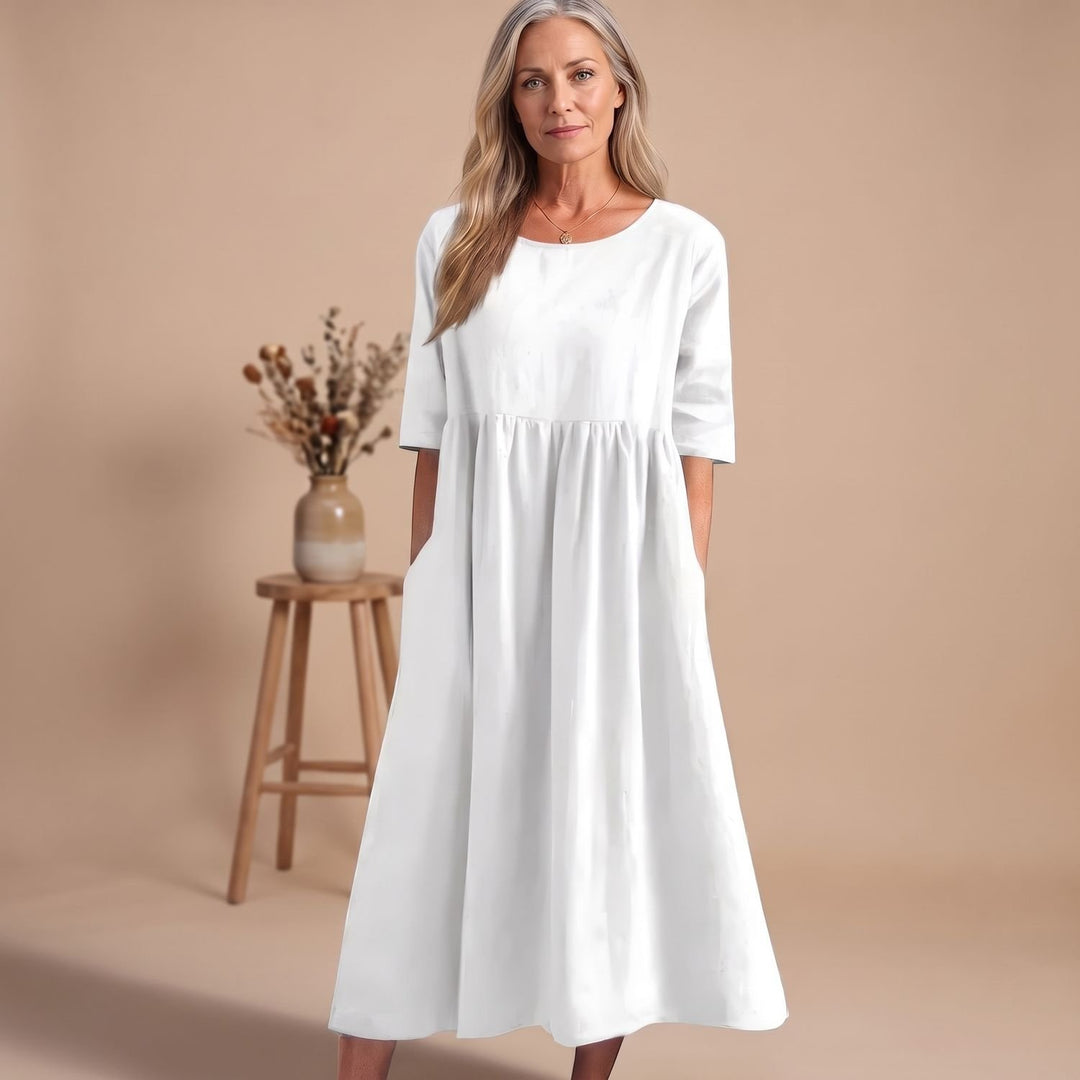 Damen A-Linien Midi-Kleid mit 3/4-Arm und Taschen - Weiß