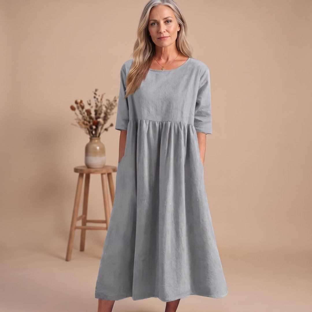 Damen A-Linien Midi-Kleid mit 3/4-Arm und Taschen - Hellgrau