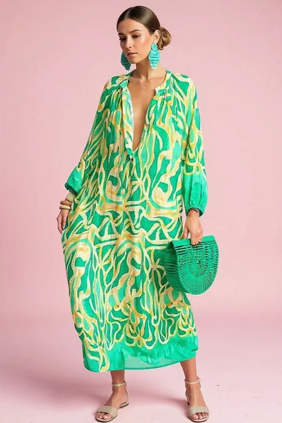 Damen Abstrakt-Print Weiter V-Ausschnitt Kaftan Maxikleid - Green