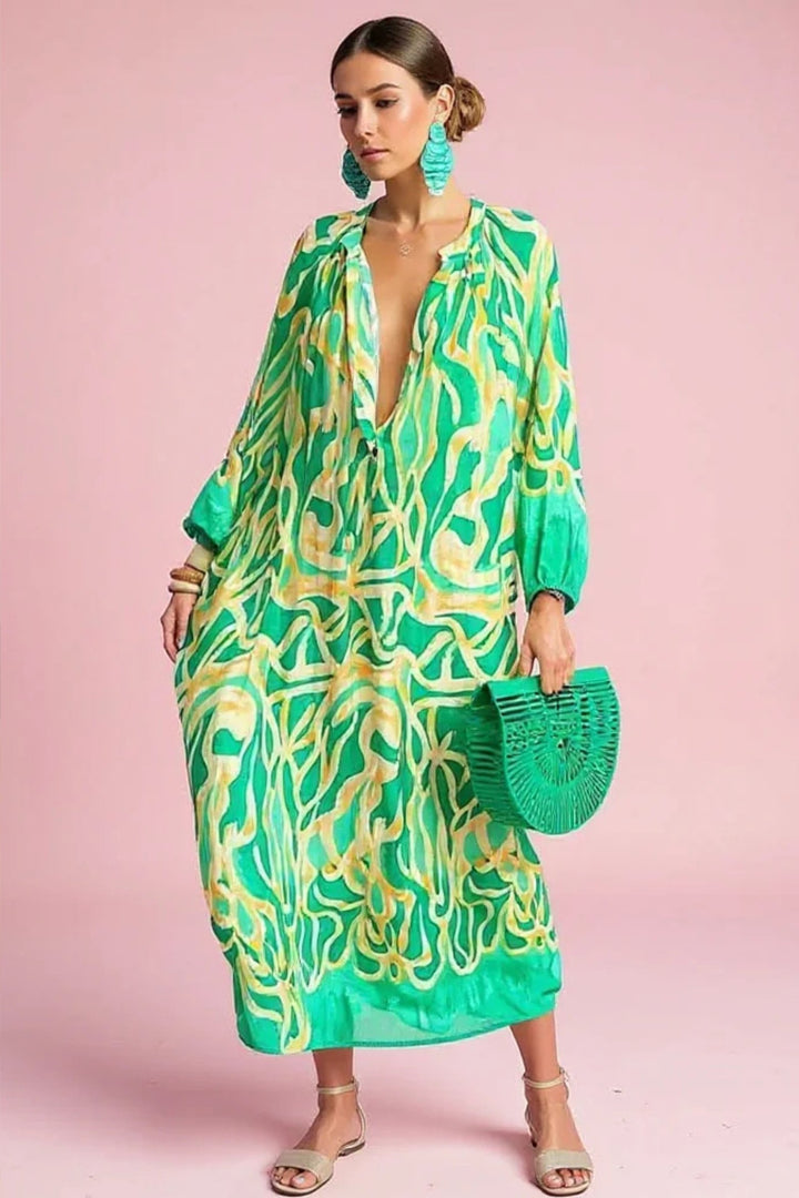 Damen Abstrakt-Print Weiter V-Ausschnitt Kaftan Maxikleid - Green