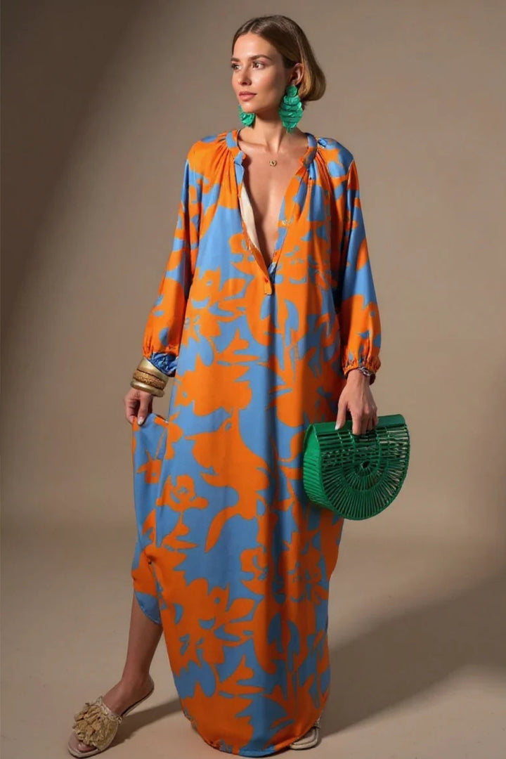 Damen Abstrakt-Print Weiter V-Ausschnitt Kaftan Maxikleid - Orange