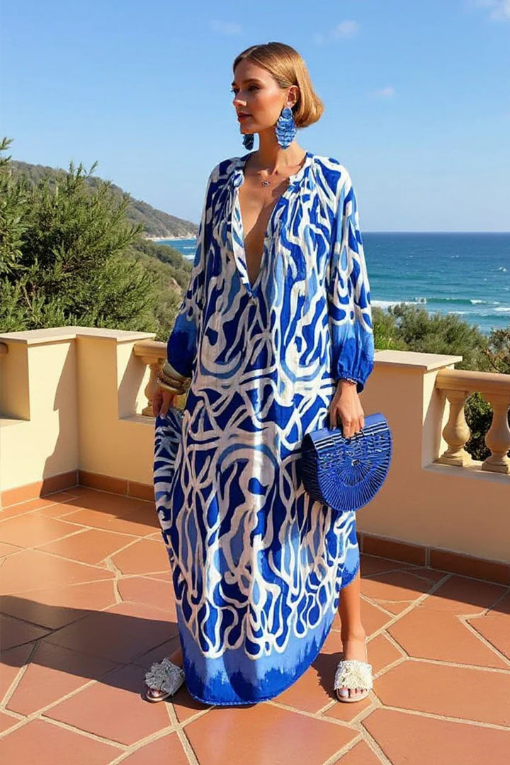 Damen Abstrakt-Print Weiter V-Ausschnitt Kaftan Maxikleid - Blue
