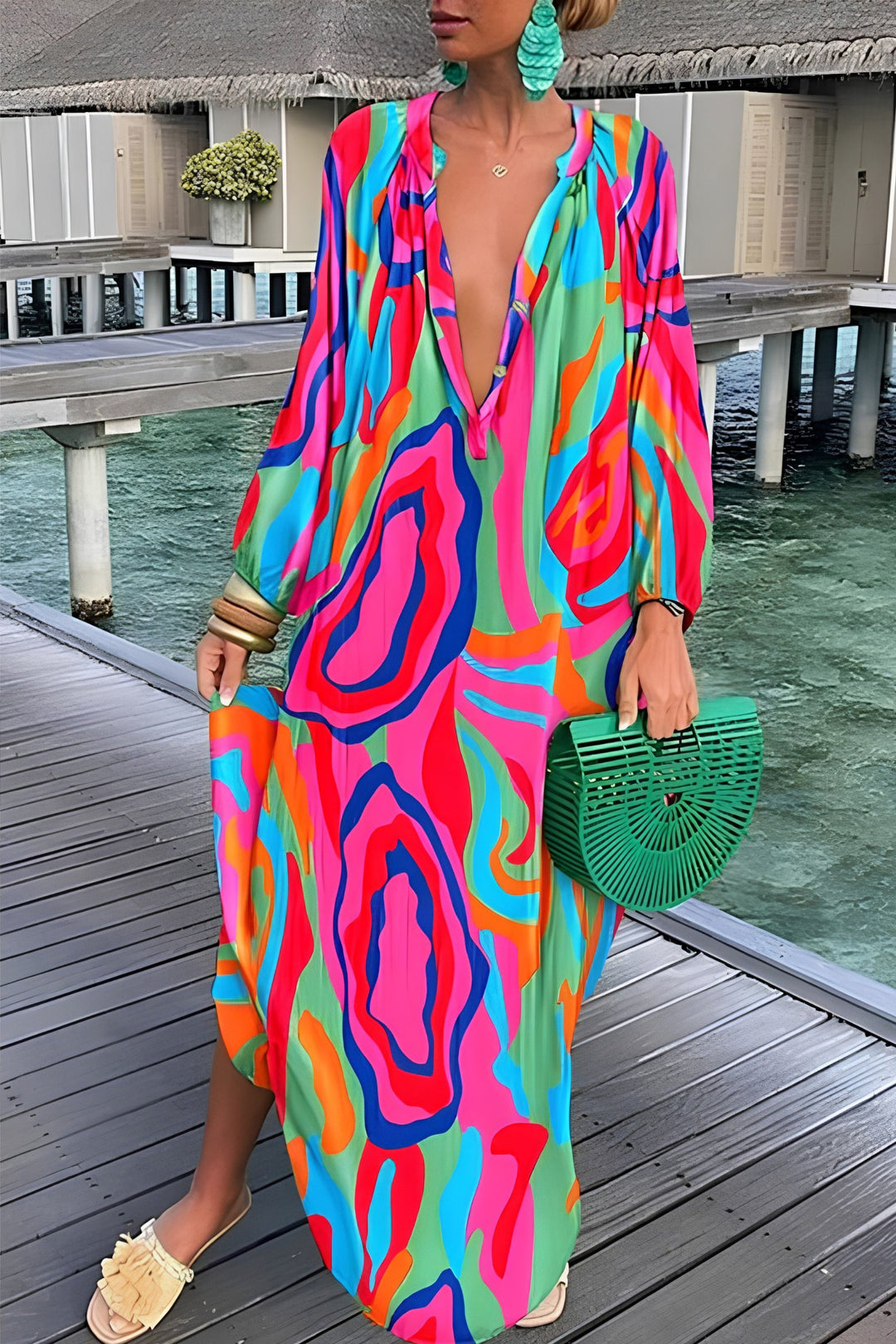 Damen Abstrakt-Print Weiter V-Ausschnitt Kaftan Maxikleid - Pink
