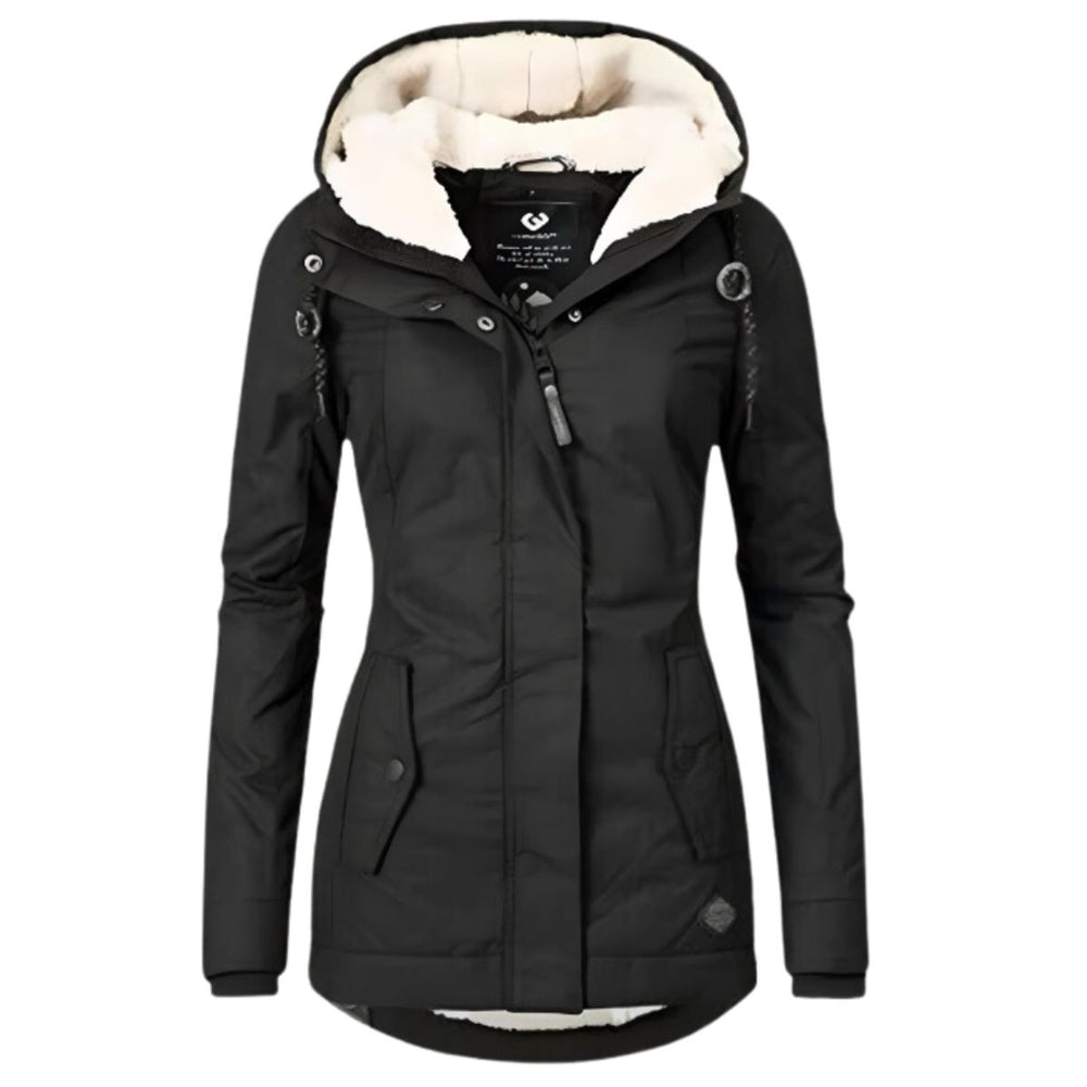 Damen Allwetter-Parka Gefütterter Sherpa-Kapuzenmantel Wasserabweisend - Schwarz