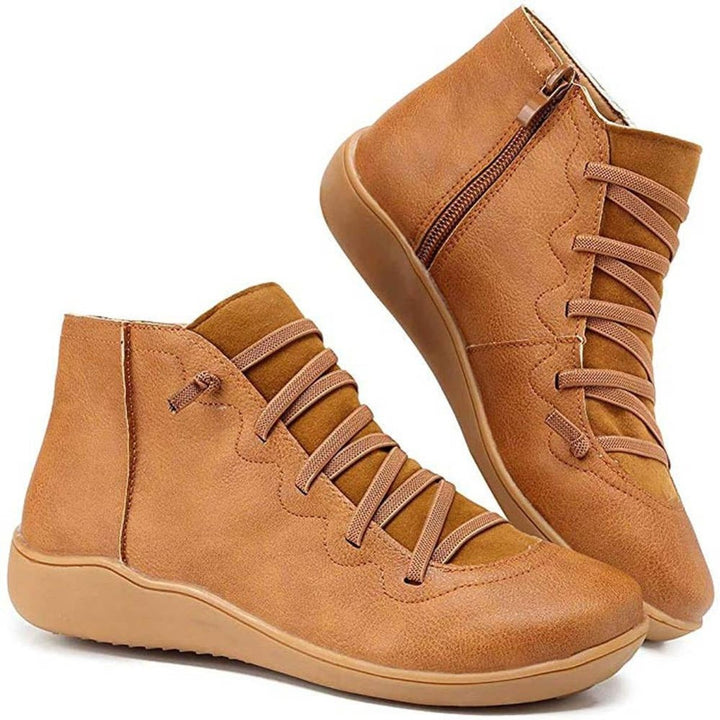 Damen Ankle Boots Flache Schnür-Stiefeletten mit Reißverschluss - Braun