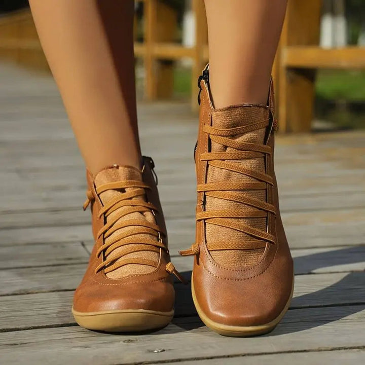 Damen Ankle Boots Flache Schnür-Stiefeletten mit Reißverschluss