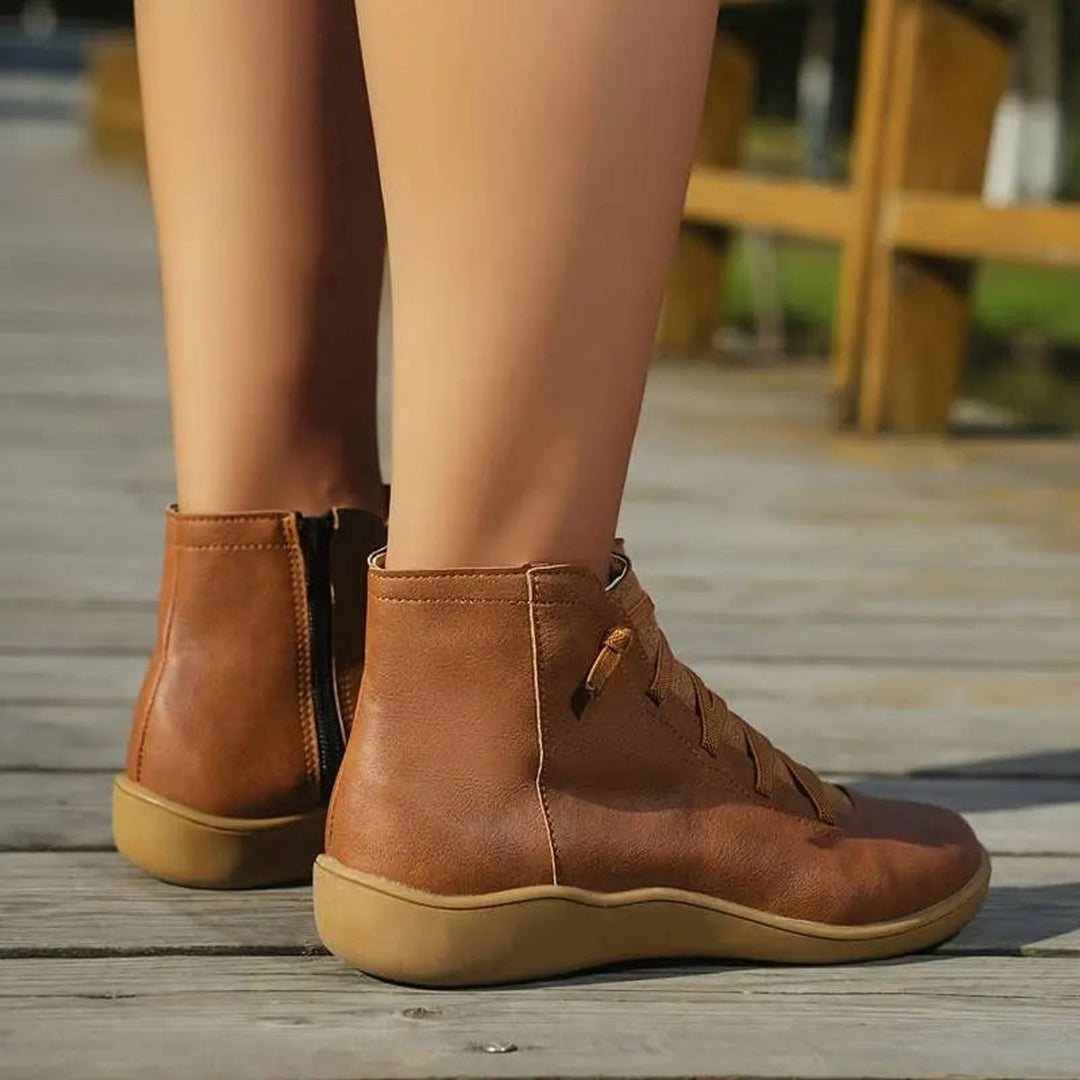 Damen Ankle Boots Flache Schnür-Stiefeletten mit Reißverschluss