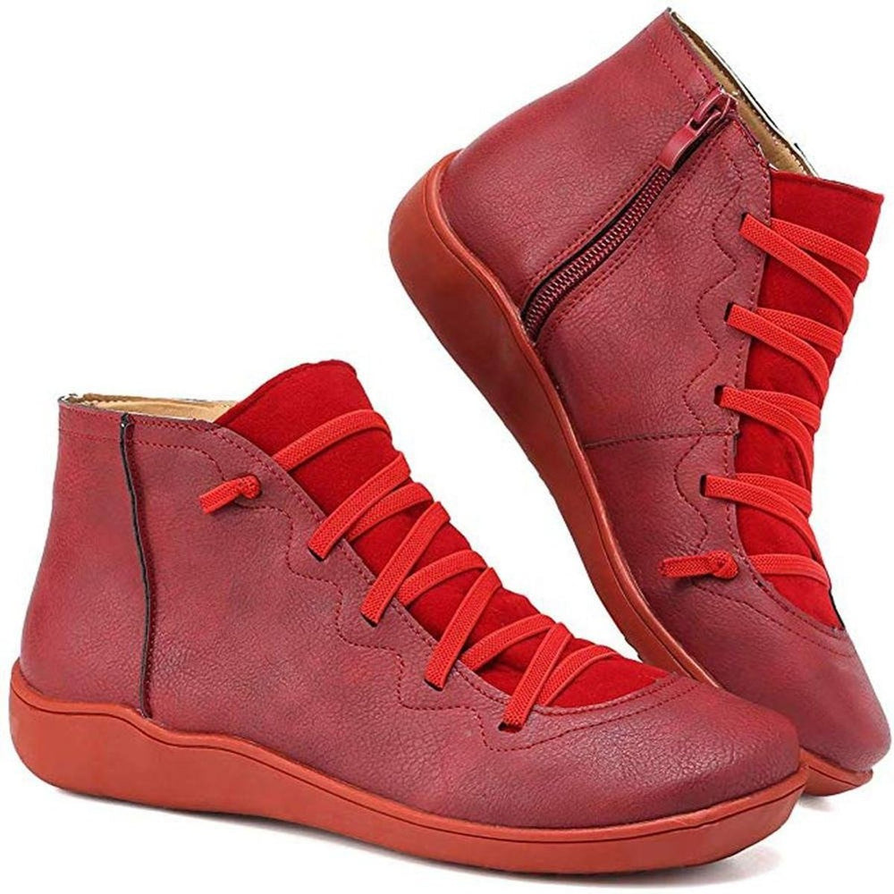 Damen Ankle Boots Flache Schnür-Stiefeletten mit Reißverschluss - Rot