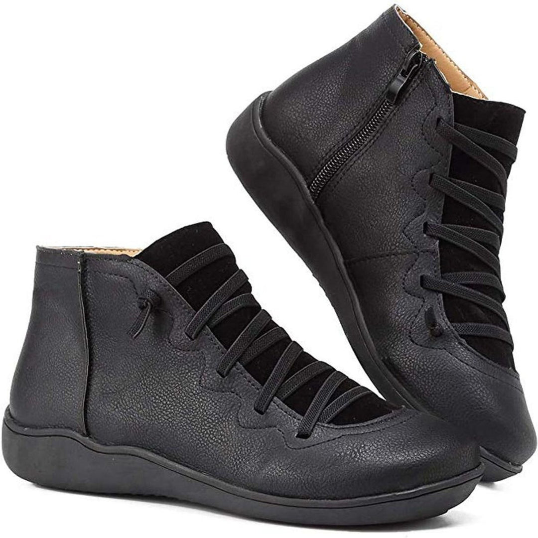 Damen Ankle Boots Flache Schnür-Stiefeletten mit Reißverschluss - Schwarz