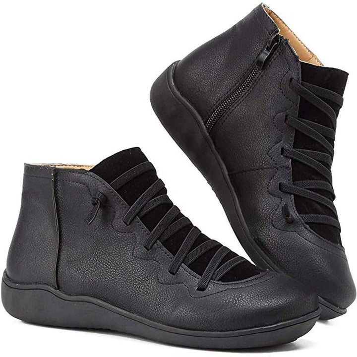 Damen Ankle Boots Flache Schnür-Stiefeletten mit Reißverschluss - Schwarz
