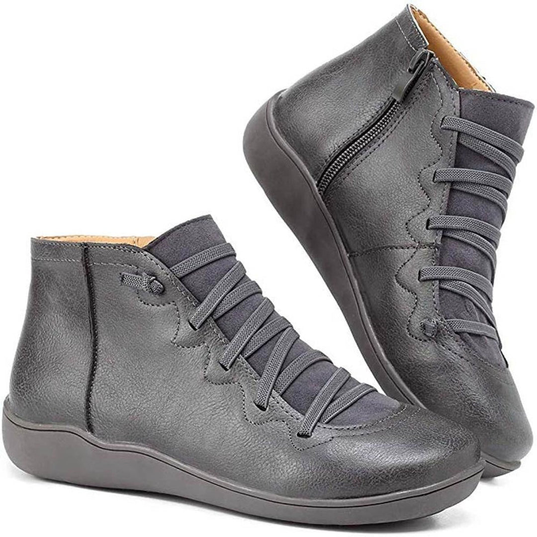 Damen Ankle Boots Flache Schnür-Stiefeletten mit Reißverschluss - Grau