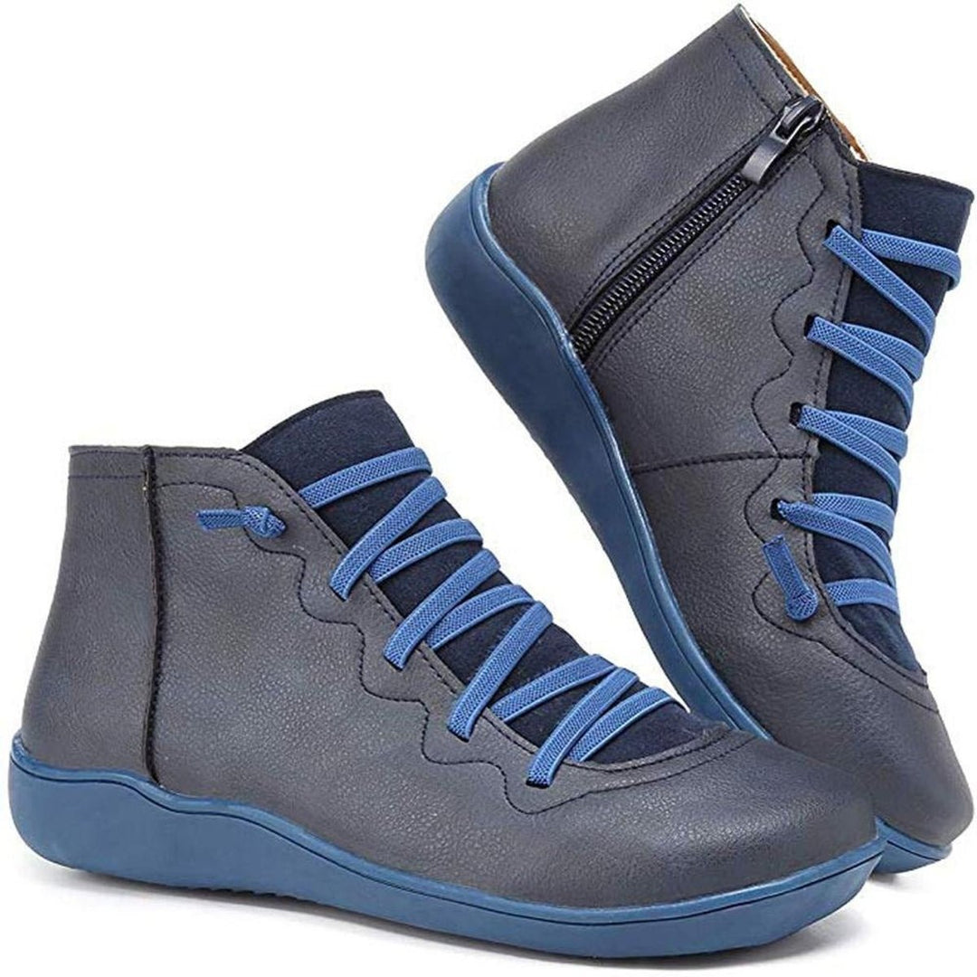 Damen Ankle Boots Flache Schnür-Stiefeletten mit Reißverschluss - Blau