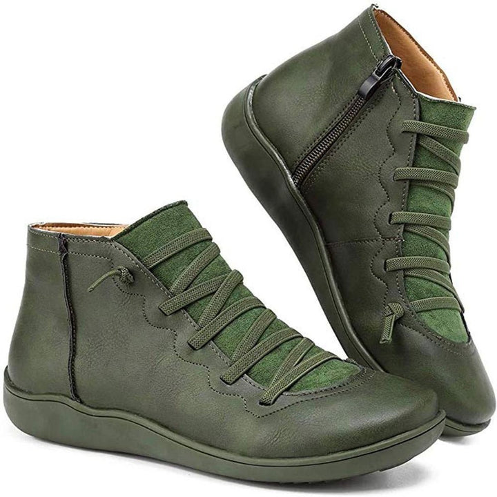 Damen Ankle Boots Flache Schnür-Stiefeletten mit Reißverschluss - Grün