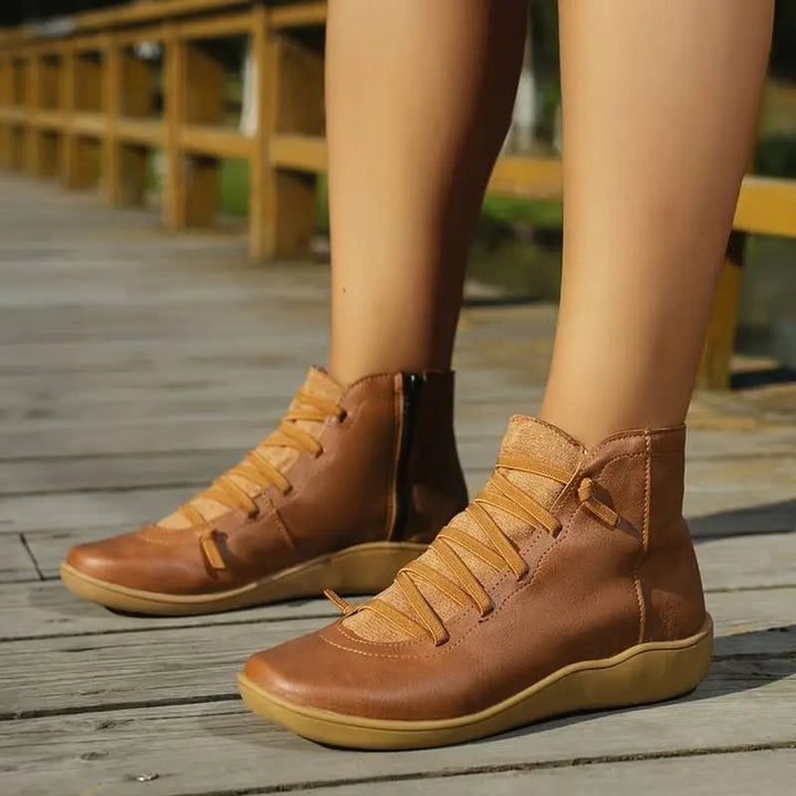 Damen Ankle Boots Flache Schnür-Stiefeletten mit Reißverschluss